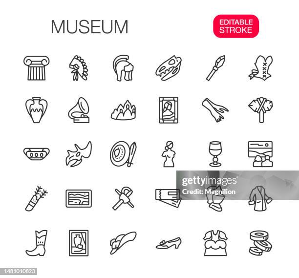illustrazioni stock, clip art, cartoni animati e icone di tendenza di set di icone della linea del museo traccia modificabile - antica civiltà