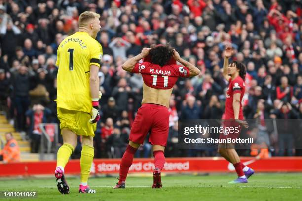 Mohamed Salah of Liverpool reacts after missing a penalty kick as Aaron Ramsdale of Arsenal looks on during the Premier League match between...