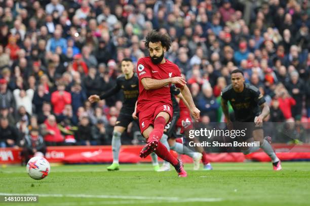 Mohamed Salah of Liverpool misses a penalty kick during the Premier League match between Liverpool FC and Arsenal FC at Anfield on April 09, 2023 in...