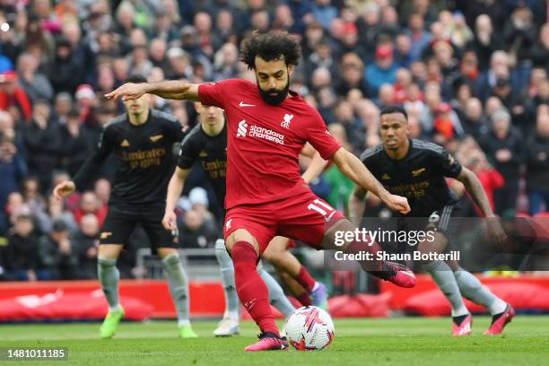 Mohamed Salah of Liverpool misses a penalty kick during the Premier League match between Liverpool FC and Arsenal FC at Anfield on April 09, 2023 in...