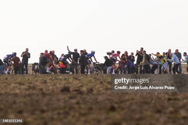 Mads Pedersen of Denmark and Team Trek-Segafredo leads the peloton during the 120th Paris-Roubaix 2023 a 257 km race from Compiegne to Roubaix on...