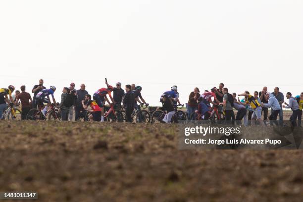 Mads Pedersen of Denmark and Team Trek-Segafredo leads the peloton during the 120th Paris-Roubaix 2023 a 257 km race from Compiegne to Roubaix on...