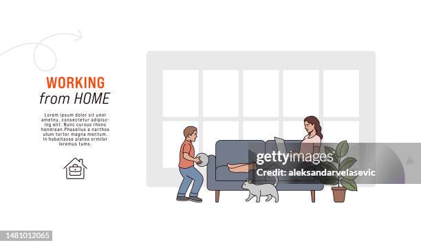 mother is working from home while her kid is playing - balancing act cartoon stock illustrations