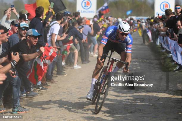 Mathieu van der Poel of Netherlands and Alpecin-Deceuninck rides during the 120th Paris-Roubaix 2023, Men's Elite a 256.6km one day race from...