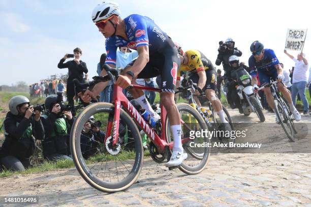 Mathieu van der Poel of Netherlands and Alpecin-Deceuninck rides during the 120th Paris-Roubaix 2023, Men's Elite a 256.6km one day race from...