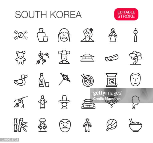 ilustraciones, imágenes clip art, dibujos animados e iconos de stock de corea del sur cultura asiática conjunto de iconos de línea delgada trazo editable - corea del sur