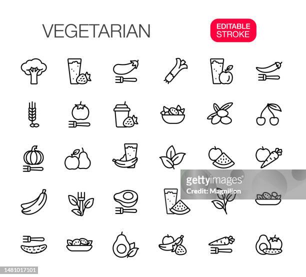 illustrazioni stock, clip art, cartoni animati e icone di tendenza di icone di linea vegetariane set tratto modificabile - lettuce