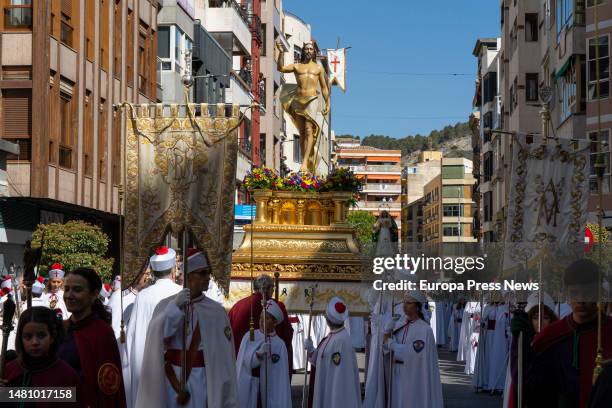 The steps of Our Lord Jesus Christ Resurrected and Our Lady of Amparo during the procession of the Encounter of the Brotherhood of Our Father Jesus...