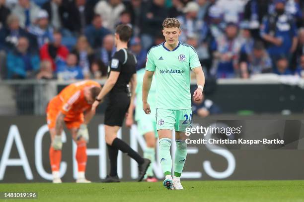 Tim Skarke of FC Schalke 04 looks dejected after conceding their first goal during the Bundesliga match between TSG Hoffenheim and FC Schalke 04 at...