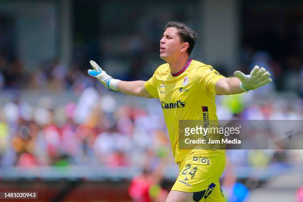 Andres Sanchez, goalkeeper of San Luis celebrates the team's first goal scored by teammate John Murillo during the 14th round match between Pumas...