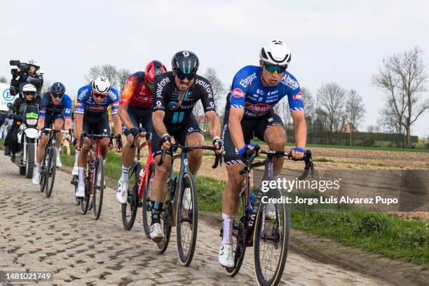 Jasper Philipsen of Belgium and Team Alpecin-Deceuninck, John Degenkolb of Germany and Team DSM and Mathieu Van Der Poel of The Netherlands and Team...