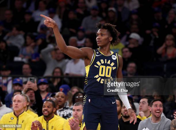Bennedict Mathurin of the Indiana Pacers celebrates his three point shot in the first half against the New York Knicks at Madison Square Garden on...