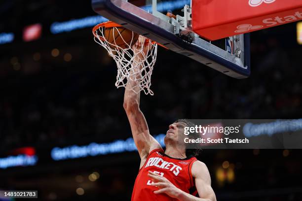 Boban Marjanovic of the Houston Rockets dunks against the Washington Wizards during the first half at Capital One Arena on April 9, 2023 in...