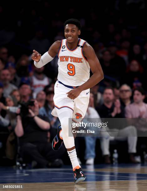 Barrett of the New York Knicks celebrates his shot in the first half against the Indiana Pacers at Madison Square Garden on April 09, 2023 in New...