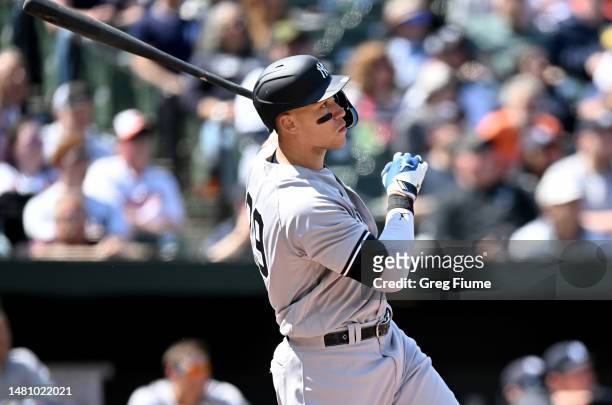 Aaron Judge of the New York Yankees hits a home run in the third inning against the Baltimore Orioles at Oriole Park at Camden Yards on April 09,...