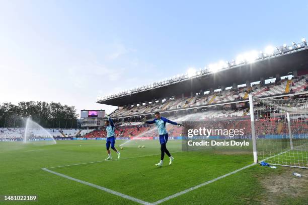 General view of the inside of the stadium as Ivo Grbic and Jan Oblak of Atletico Madrid warm up prior to the LaLiga Santander match between Rayo...