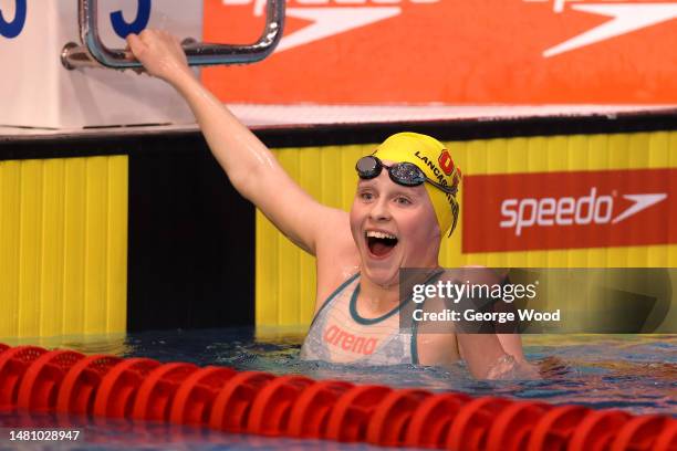 Amelie Blocksidge of Co Salford reacts after winning gold in the Women 1500m Freestyle during Day Six of the British Swimming Championships 2023 at...