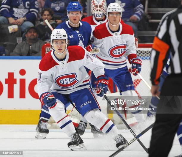 Jake Evans of the Montreal Canadiens skates against the Toronto Maple Leafs during an NHL game at Scotiabank Arena on April 8, 2023 in Toronto,...