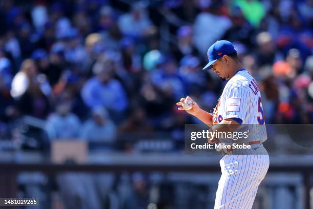 Carlos Carrasco of the New York Mets looks on in the fifth inning against the Miami Marlins at Citi Field on April 09, 2023 in New York City.