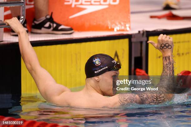 Matthew Richards of Millfield celebrates winning gold in the Men 200m Freestyle - Final during Day Six of the British Swimming Championships 2023 at...