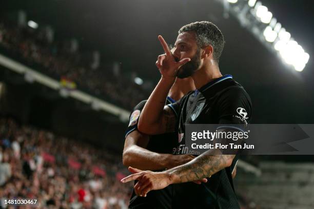 Mario Hermoso of Atletico de Madrid celebrates after scoring the team's second goal during the LaLiga Santander match between Rayo Vallecano and...