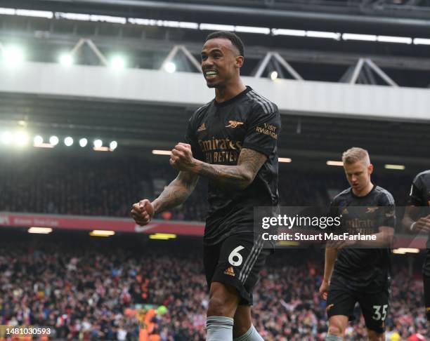 Gabriel celebrates the 2nd Arsenal goal, scored by Gabriel Jesus during the Premier League match between Liverpool FC and Arsenal FC at Anfield on...