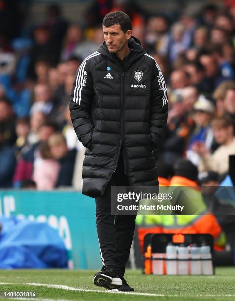 Javi Gracia, Manager of Leeds United, looks on during the Premier League match between Leeds United and Crystal Palace at Elland Road on April 09,...
