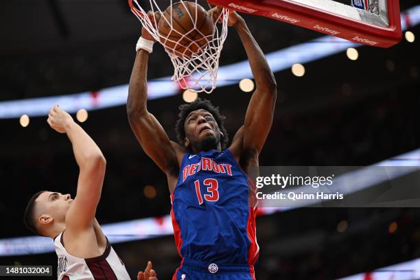 James Wiseman of the Detroit Pistons dunks in the second half against the Chicago Bulls at United Center on April 09, 2023 in Chicago, Illinois. NOTE...