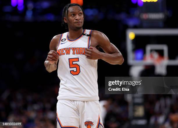 Immanuel Quickley of the New York Knicks reacts late in the fourth quarter against the Indiana Pacers at Madison Square Garden on April 09, 2023 in...