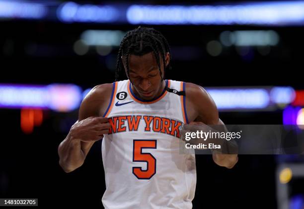Immanuel Quickley of the New York Knicks reacts late in the fourth quarter against the Indiana Pacers at Madison Square Garden on April 09, 2023 in...