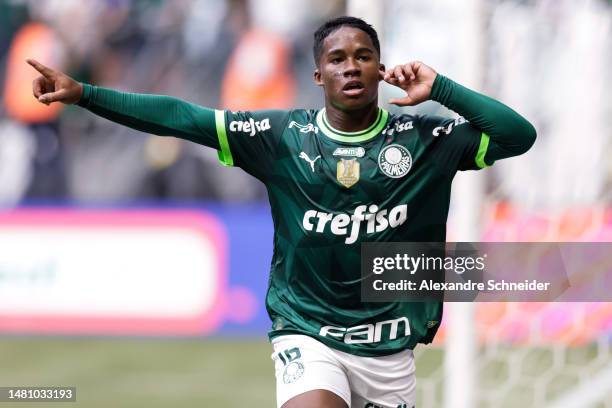 Endrick of Palmeiras celebrates after scoring the team's third goal during the second leg of the Paulistao 2023 final between Palmeiras and Agua...