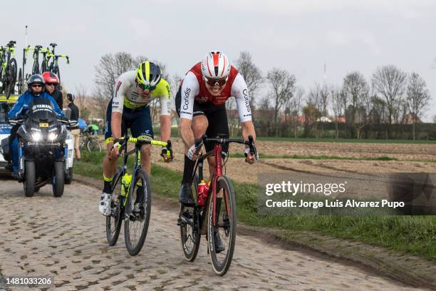 Max Walscheid of Germany and Team Cofidis and Laurenz Rex of Belgium and Team Intermarché-Circus-Wanty compete during the 120th Paris-Roubaix 2023 a...