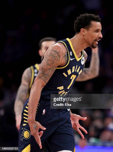 George Hill of the Indiana Pacers celebrates his three point shot in the second half against the New York Knicks at Madison Square Garden on April...