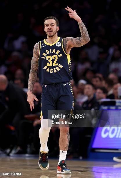 Gabe York of the Indiana Pacers celebrates teammate George Hill's three point shot in the second half against the New York Knicks at Madison Square...