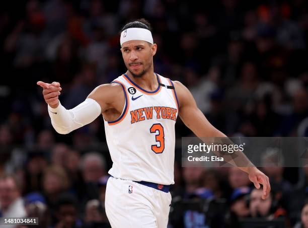 Josh Hart of the New York Knicks reacts after he is giving a double technical foul and ejected from the game in the fourth quarter against the...
