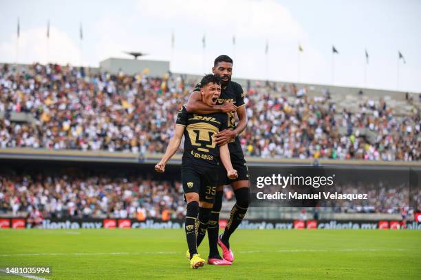 Jorge Ruvalcaba of Pumas celebrates after scoring the team's third goal during the 14th round match between Pumas UNAM and Atletico San Luis as part...