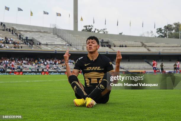 Jorge Ruvalcaba of Pumas celebrates after scoring the team's third goal during the 14th round match between Pumas UNAM and Atletico San Luis as part...