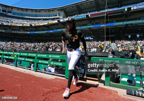 Oneil Cruz of the Pittsburgh Pirates in action against the Chicago White Sox during inter-league play at PNC Park on April 9, 2023 in Pittsburgh,...
