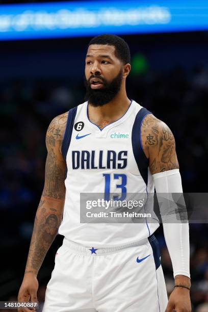 Markieff Morris of the Dallas Mavericks on the court during the game against the Chicago Bulls at American Airlines Center on April 07, 2023 in...