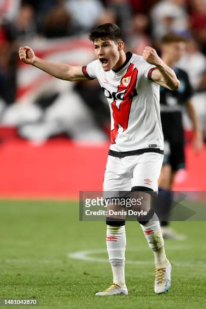 Fran Garcia of Rayo Vallecano celebrates after scoring the team's first goal during the LaLiga Santander match between Rayo Vallecano and Atletico de...