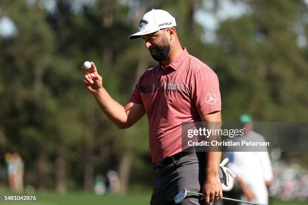 Jon Rahm of Spain reacts on the eighth green during the final round of the 2023 Masters Tournament at Augusta National Golf Club on April 09, 2023 in...