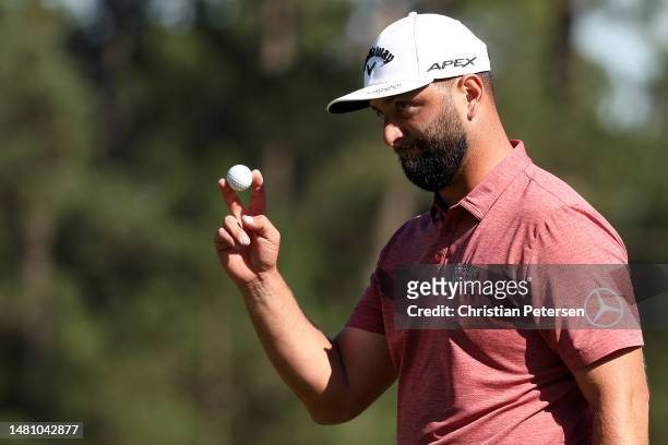 Jon Rahm of Spain reacts on the eighth green during the final round of the 2023 Masters Tournament at Augusta National Golf Club on April 09, 2023 in...