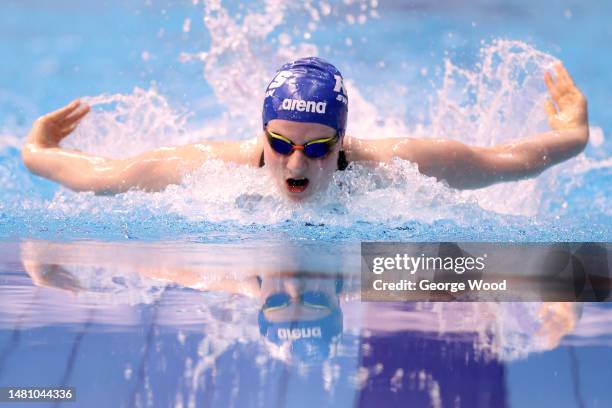 Harriet Jones of Co Cardiff competes in the Women 100m Butterfly - Final during Day Six of the British Swimming Championships 2023 at Ponds Forge on...