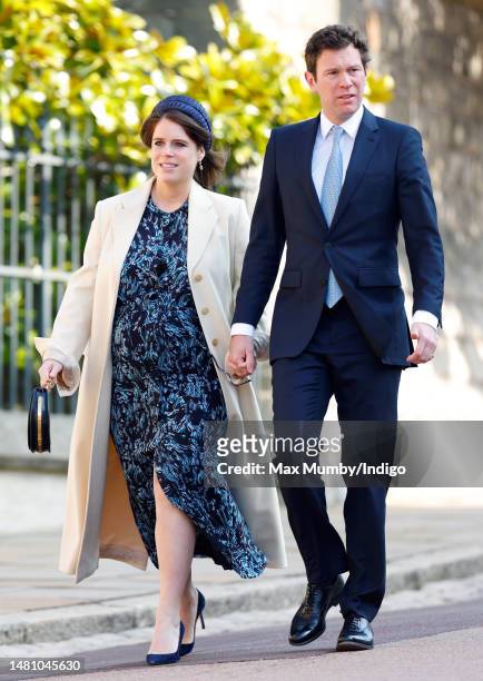 Princess Eugenie and Jack Brooksbank attend the traditional Easter Sunday Mattins Service at St George's Chapel, Windsor Castle on April 9, 2023 in...