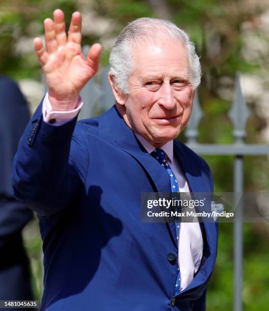 King Charles III attends the traditional Easter Sunday Mattins Service at St George's Chapel, Windsor Castle on April 9, 2023 in Windsor, England.