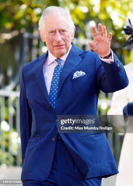 King Charles III attends the traditional Easter Sunday Mattins Service at St George's Chapel, Windsor Castle on April 9, 2023 in Windsor, England.