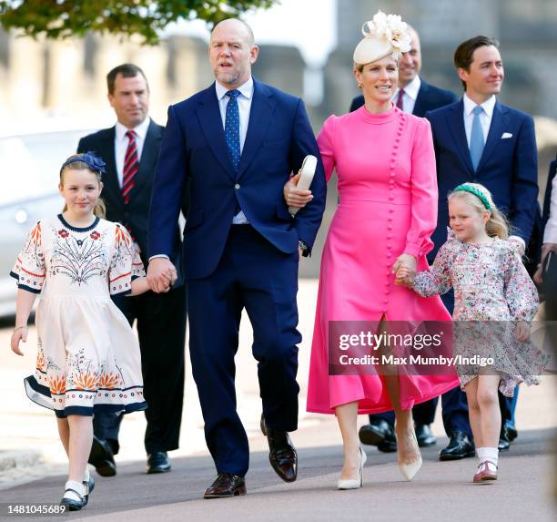 Mia Tindall, Mike Tindall, Zara Tindall and Lena Tindall attend the traditional Easter Sunday Mattins Service at St George's Chapel, Windsor Castle...