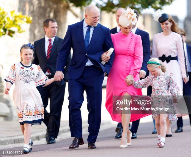 Mia Tindall, Mike Tindall, Zara Tindall and Lena Tindall attend the traditional Easter Sunday Mattins Service at St George's Chapel, Windsor Castle...