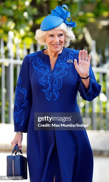 Camilla, Queen Consort attends the traditional Easter Sunday Mattins Service at St George's Chapel, Windsor Castle on April 9, 2023 in Windsor,...