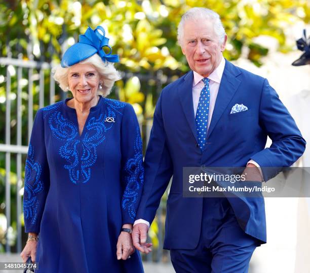 Camilla, Queen Consort and King Charles III attend the traditional Easter Sunday Mattins Service at St George's Chapel, Windsor Castle on April 9,...